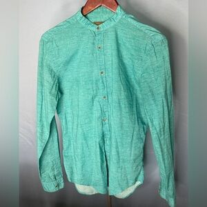 Zara Men's Turquoise Casual Slim Fit Band Collar Button-Down Shirt. Size S